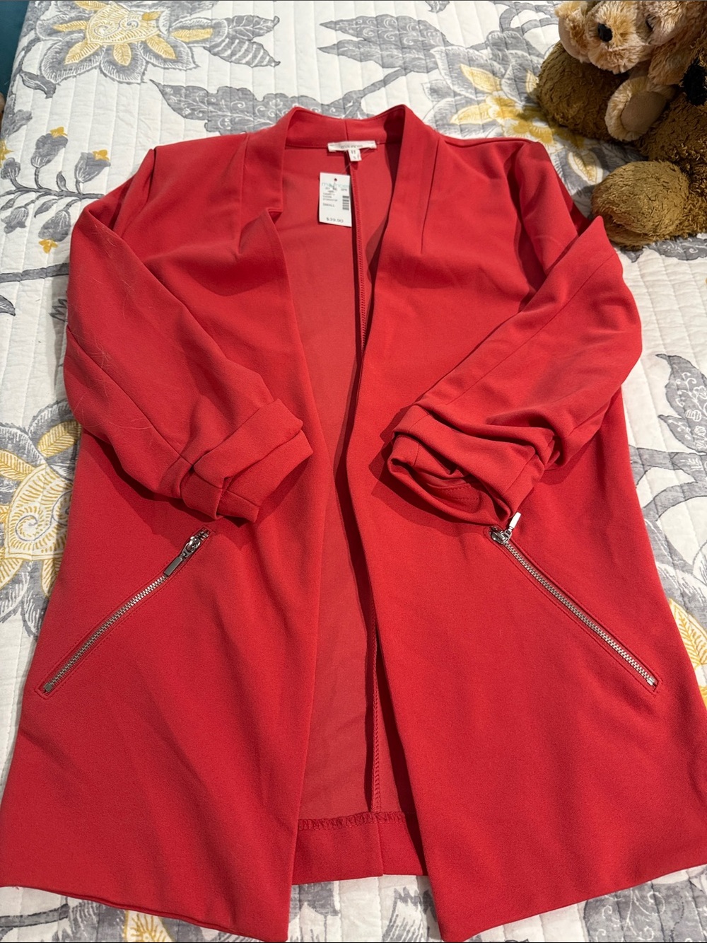 Maurices Red Open-Front Longline Cardigan with Zip Pockets